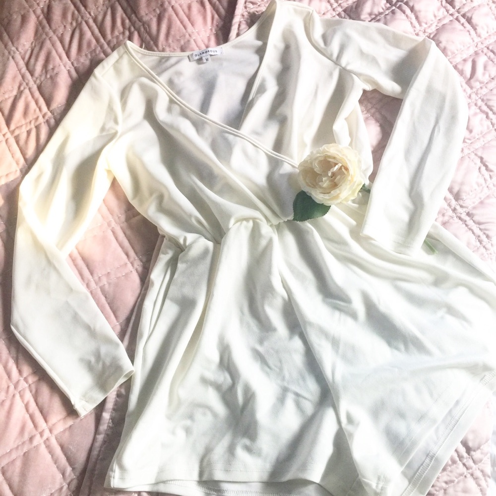 White Romper Wrap Long Sleeve V Neck
